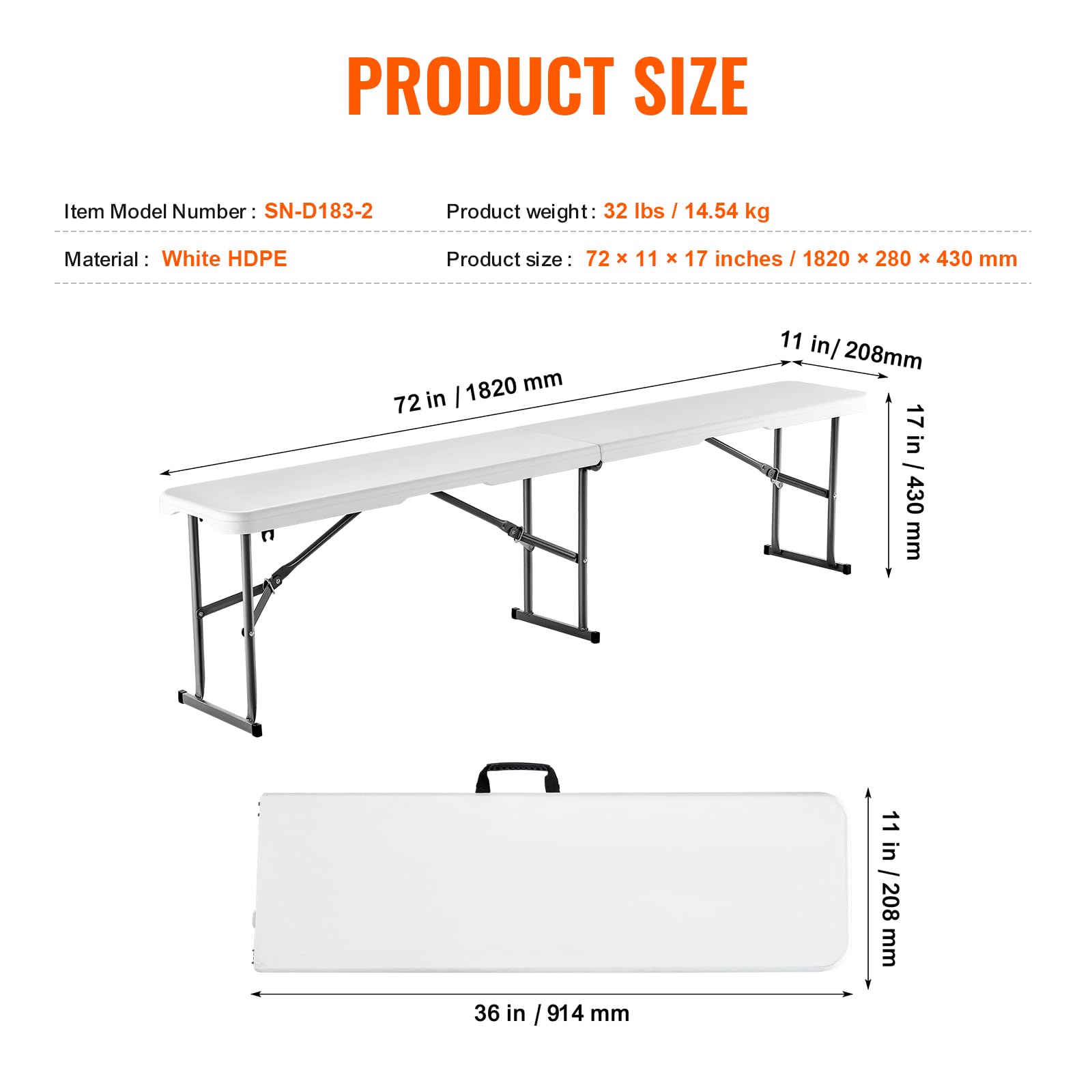 VEVOR Plastic Folding Bench, 6ft Portable Folding Bench, Smooth High Density Polyethylene Waterproof Outdoor Bench, Picnic Camping Table with Handle for Garden Soccer Playtime, White (2 Pack) - Image 3