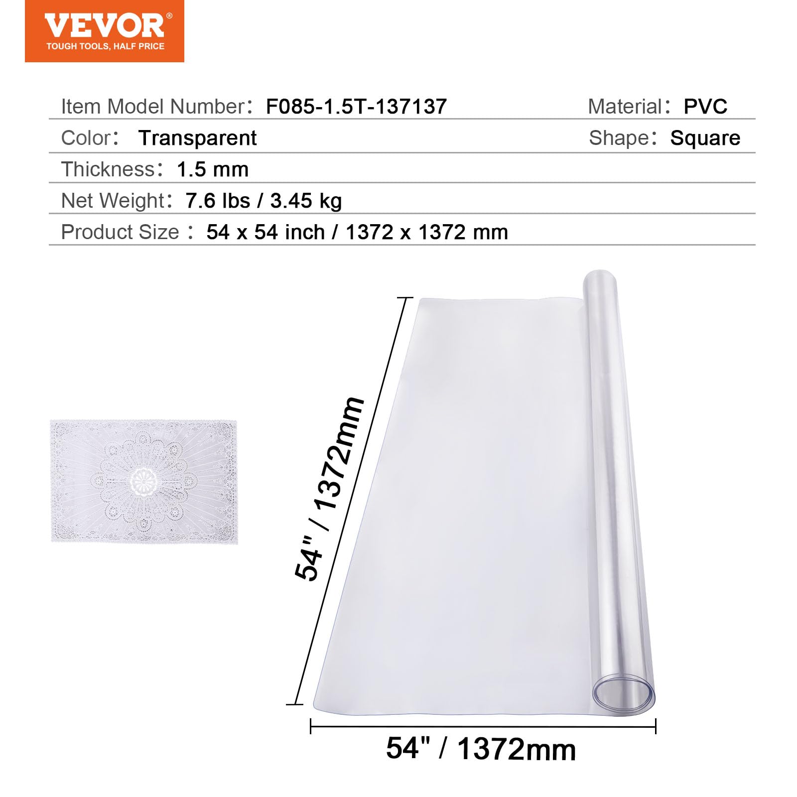 VEVOR Plastic Table Cover, 54 x 54 Inch 1.5 mm Thick Clear Square PVC Desk Mat Protector, Waterproof & Easy Cleaning Desk Pad Tablecloth, for Office, Dresser, Dining Room, Night Stand - Image 7