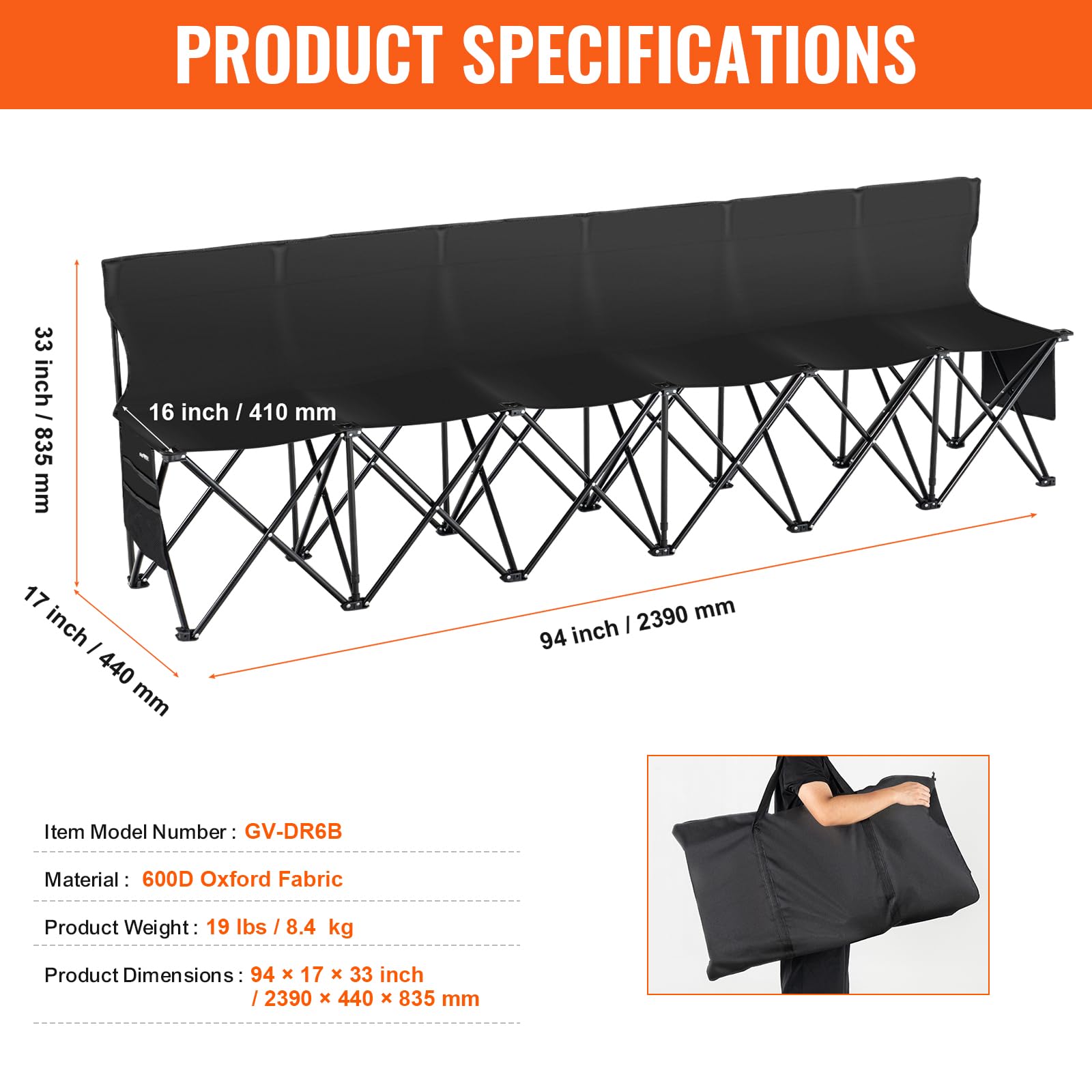 VEVOR Portable Folding B ench, 6 Seats Foldable Sideline B ench, Outdoor Camping Bench Chair with Carry Bag & Backrest, Team Sport Sideline B ench, No Assembly Instant Seating, Black - Image 9