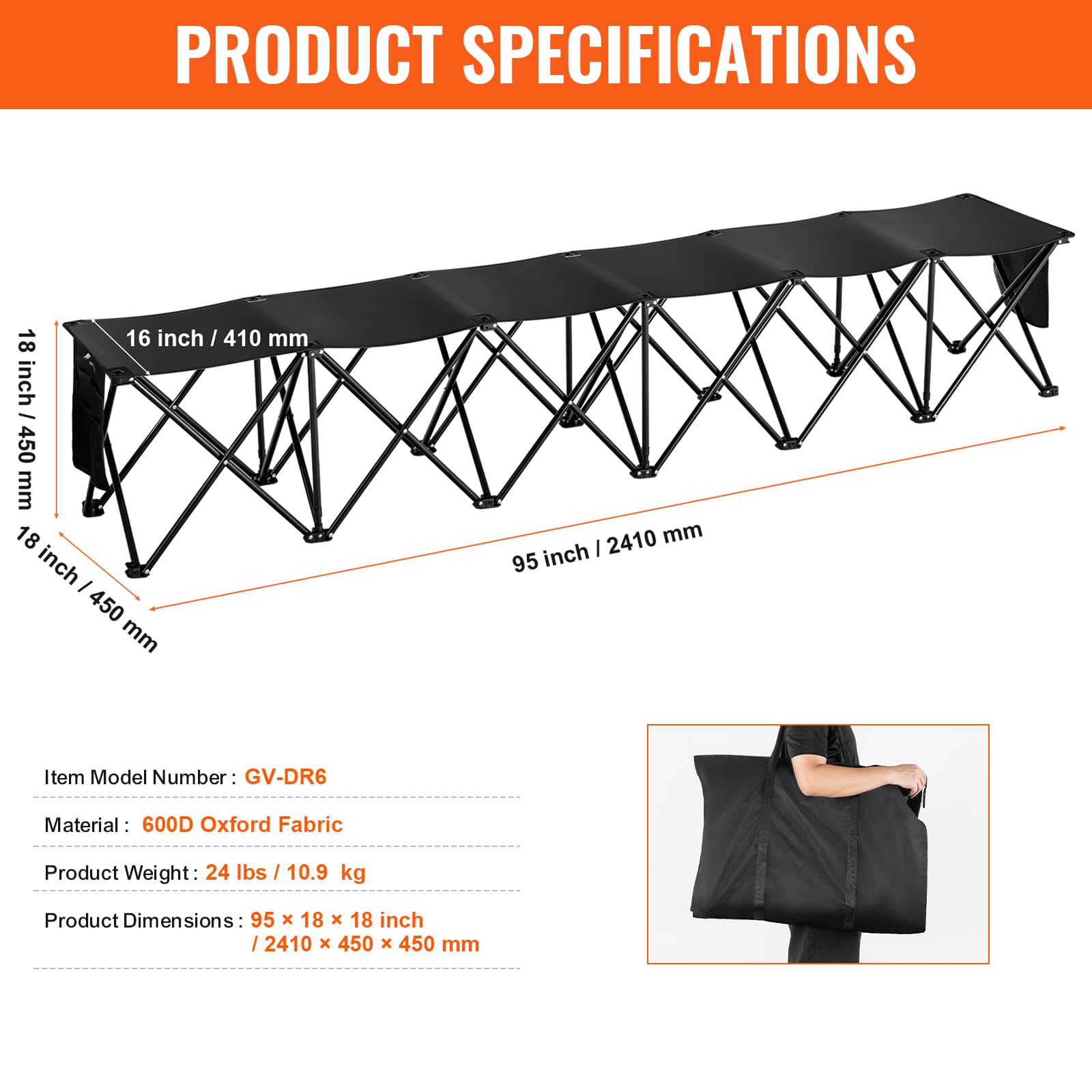 VEVOR Portable Folding Bench, 6 Seats Foldable Sideline Bench, Outdoor Camping Bench Chairs with Carry Bag, Team Sport Sideline Benches for Football, Camping, Fishing, No Assembly Instant Seating - Image 9