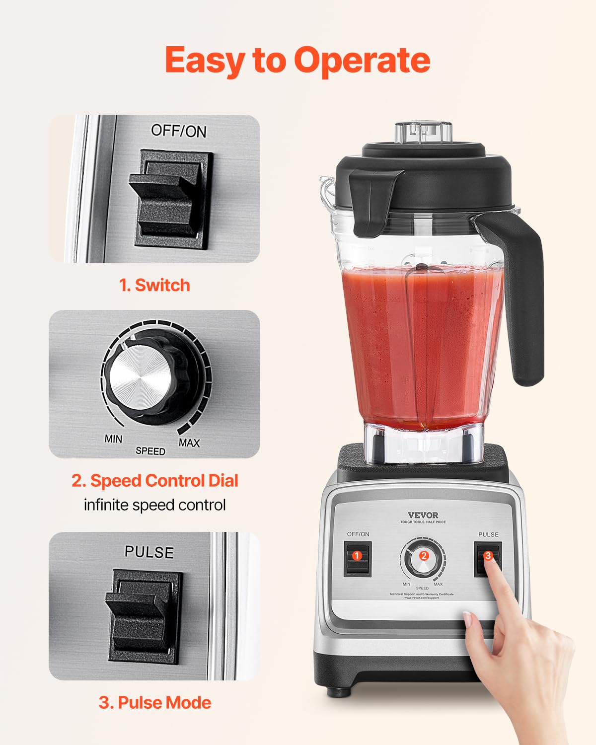 VEVOR Professional Blender for Smoothies, 85 oz 1400W,with Powerful Motor, Multi-Functional Food Processing for Smoothie/Milkshake/Juice, Fits for Kitchen - Image 5