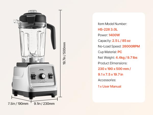 VEVOR Professional Blender for Smoothies, 85 oz 1400W,with Powerful Motor, Multi-Functional Food Processing for Smoothie/Milkshake/Juice, Fits for Kitchen - Image 7