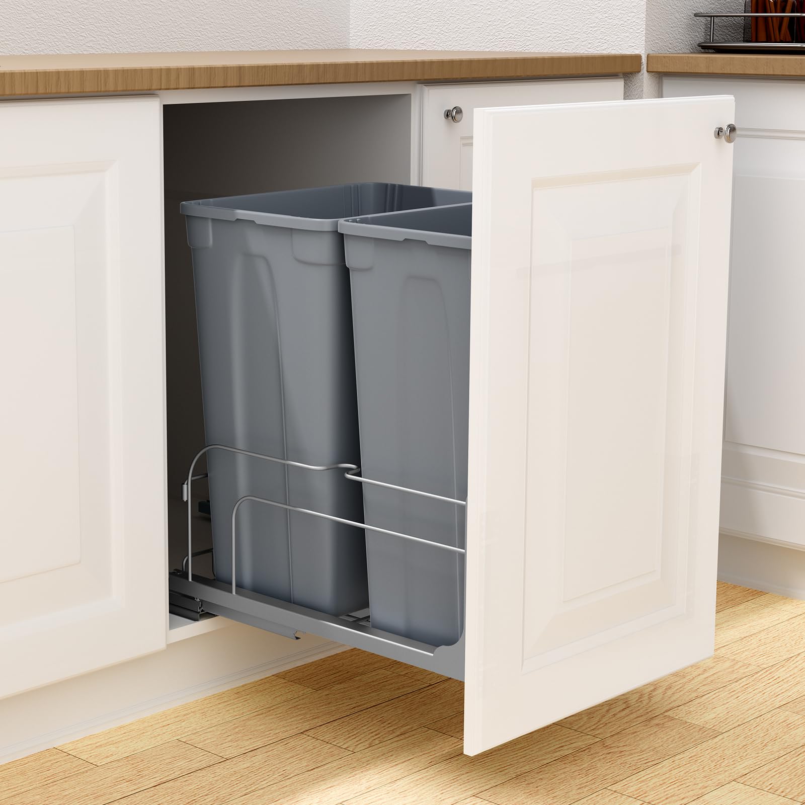 VEVOR Pull-Out Trash Can, 50 QT x2 Double Under Mount Kitchen Waste Container, Heavy Duty Garbage Recycling Bin with Door Kit and Soft Close Slide, for Kitchen Cabinet, Sink, Under Counter (Grey) - Image 8