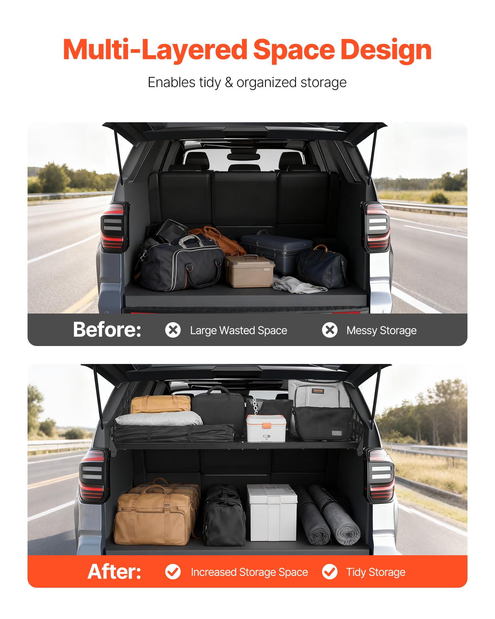 VEVOR Rear Trunk Cargo Rack, for 2010-2024 Toyota 4Runner, 220 lbs Capacity, Aluminum Alloy Basket Tray Interior Storage Luggage Carrier, Adjustable Height Shelf Stand Organizer for Camping Trip Gear - Image 4