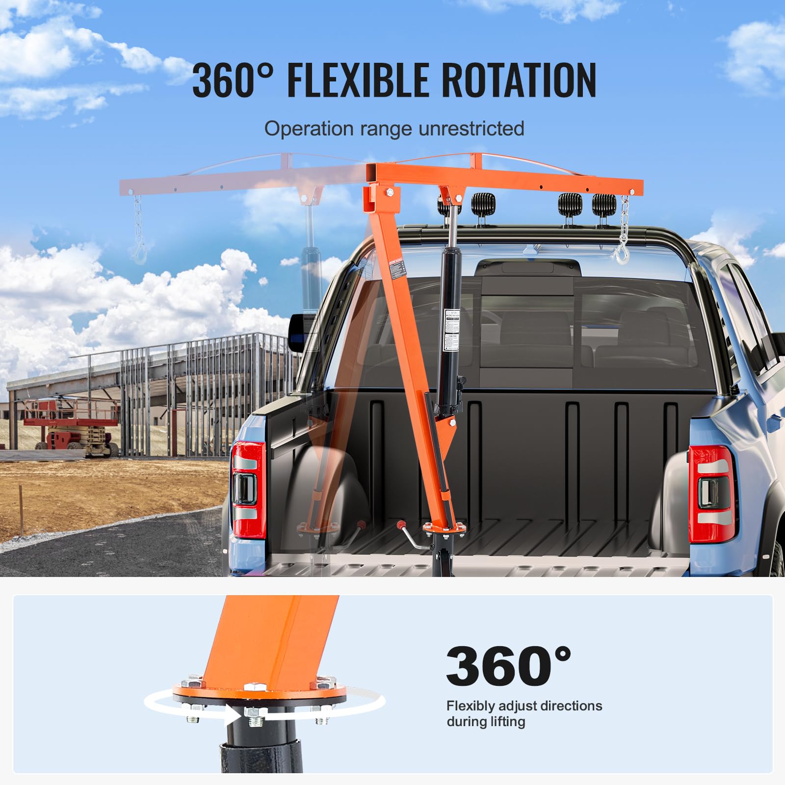 VEVOR Receiver Hitch Mounted Hydraulic Pickup Truck Crane, 1000 lbs Capacity, 360° Swivel, Three Boom Capacities of 500 lbs, 750 lbs & 1000 lbs, for Lifting Goods in Construction, Forestry, Factory - Image 5