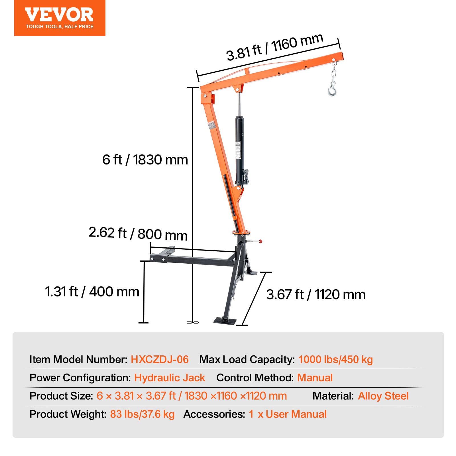 VEVOR Receiver Hitch Mounted Hydraulic Pickup Truck Crane, 1000 lbs Capacity, 360° Swivel, Three Boom Capacities of 500 lbs, 750 lbs & 1000 lbs, for Lifting Goods in Construction, Forestry, Factory - Image 7