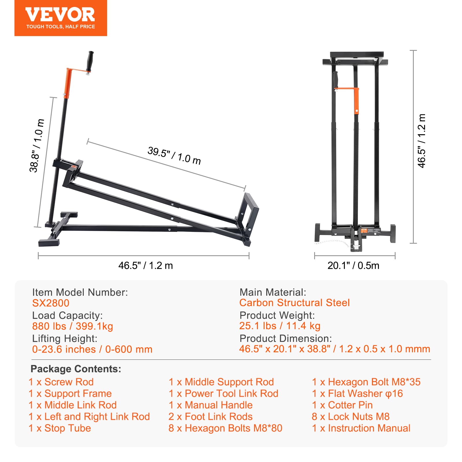 VEVOR Ride on Lawn Mower Lift Jack, 880 Lbs Weight Capacity, Telescopic Maintenance Jack with Crank Handle & Power Tool Handle, Foldable Lawn Tractor Lifter for Lawn Mowers and Garden Tractors, Black - Image 7