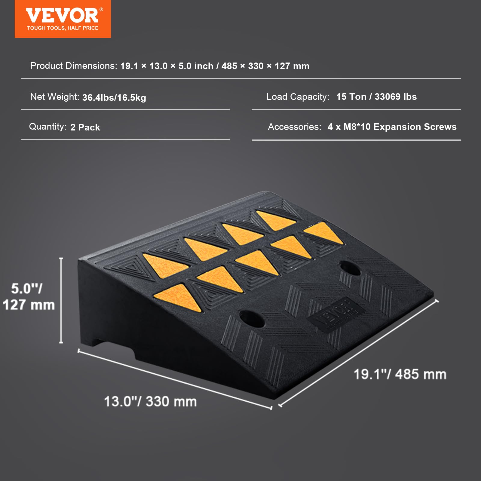 VEVOR Rubber Curb Ramp 5" Rise Height 2 Pack, Heavy-Duty 33069 lbs/15 T Capacity Threshold Ramps, Rubber Driveway Ramps for Cars, Carts, Dollies, Motorcycle, Bikes, Wheelchairs - Image 7