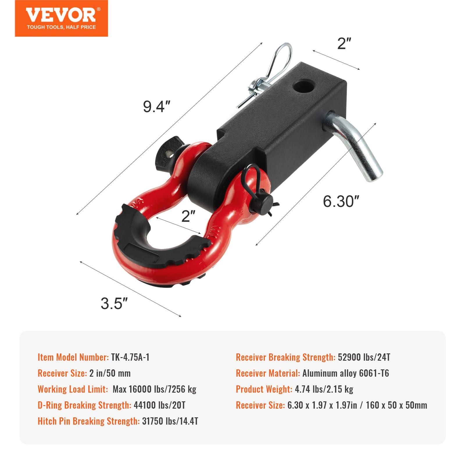 VEVOR Shackle Hitch Receiver, Fits 2" Receivers, 52900 lbs Breaking Strength, D Ring Shackle with Trailer Hitch Lock Pin, Heavy Duty Towing Accessories for Trucks, Jeeps, Off-Road Vehicle Recovery - Image 7