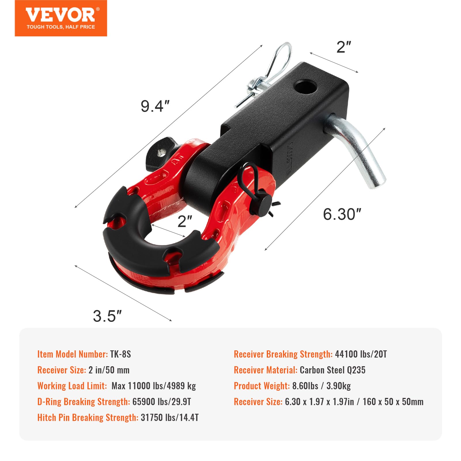 VEVOR Shackle Hitch Receiver, Fits 2" Receivers, 65900 lbs Breaking Strength, D Ring Shackle with Trailer Hitch Lock Pin, Heavy Duty Towing Accessories for Trucks, Jeeps, Off-Road Vehicle Recovery - Image 7