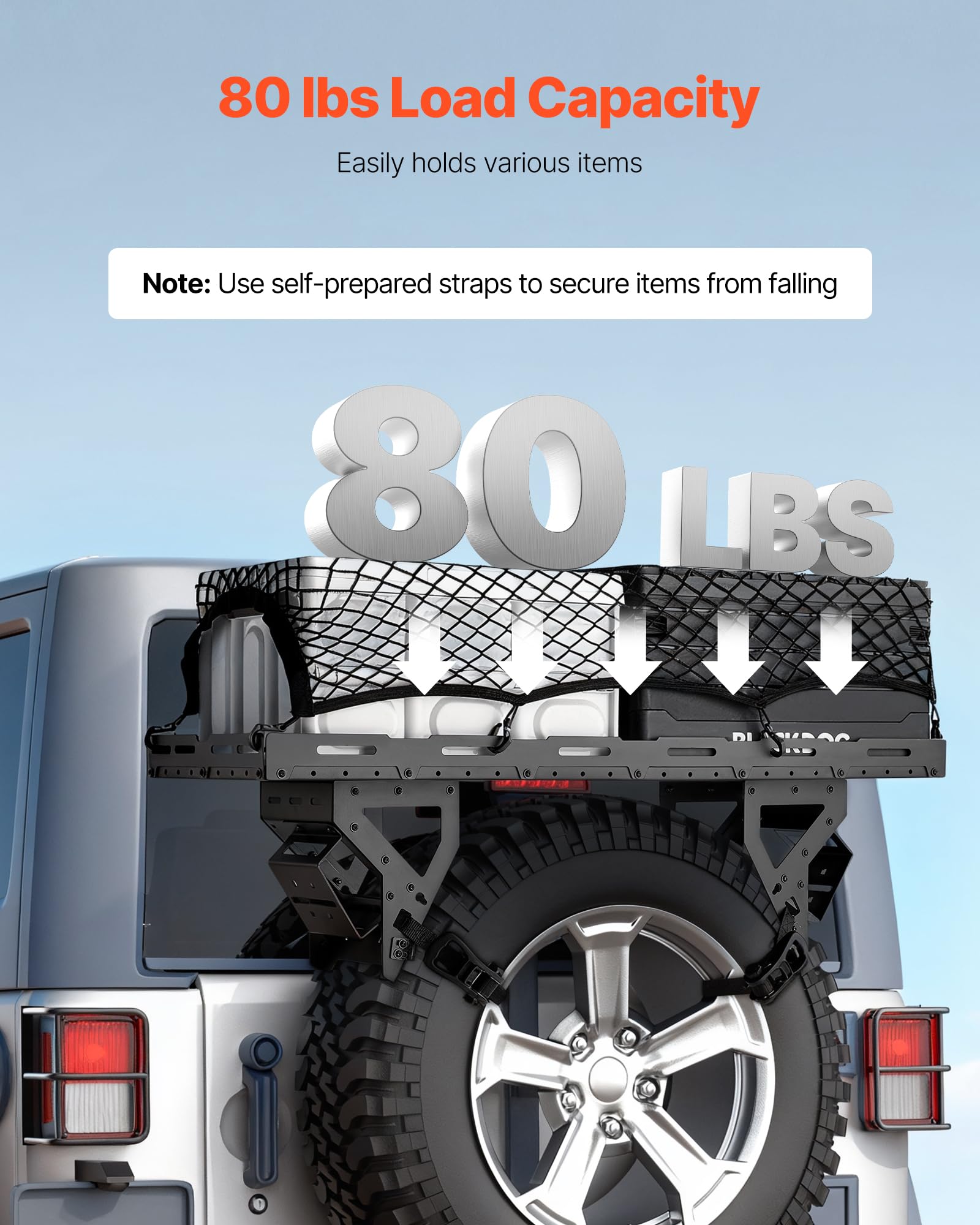 VEVOR Spare Tire Cargo Basket, for 30-40 Inch Tires, Fit for 1976-2024 Jeep Wrangler JK JL TJ YJ CJ, 80 lbs Load Capacity, Utility Cargo Basket Rack Storage Tray Replacement, No-Drill Installation - Image 3