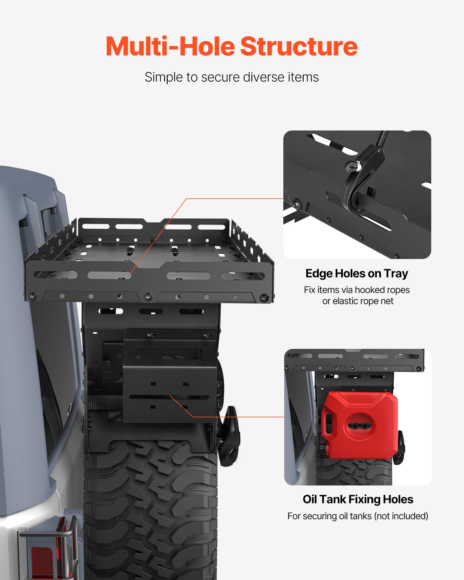 VEVOR Spare Tire Cargo Basket, for 30-40 Inch Tires, Fit for 1976-2024 Jeep Wrangler JK JL TJ YJ CJ, 80 lbs Load Capacity, Utility Cargo Basket Rack Storage Tray Replacement, No-Drill Installation - Image 5