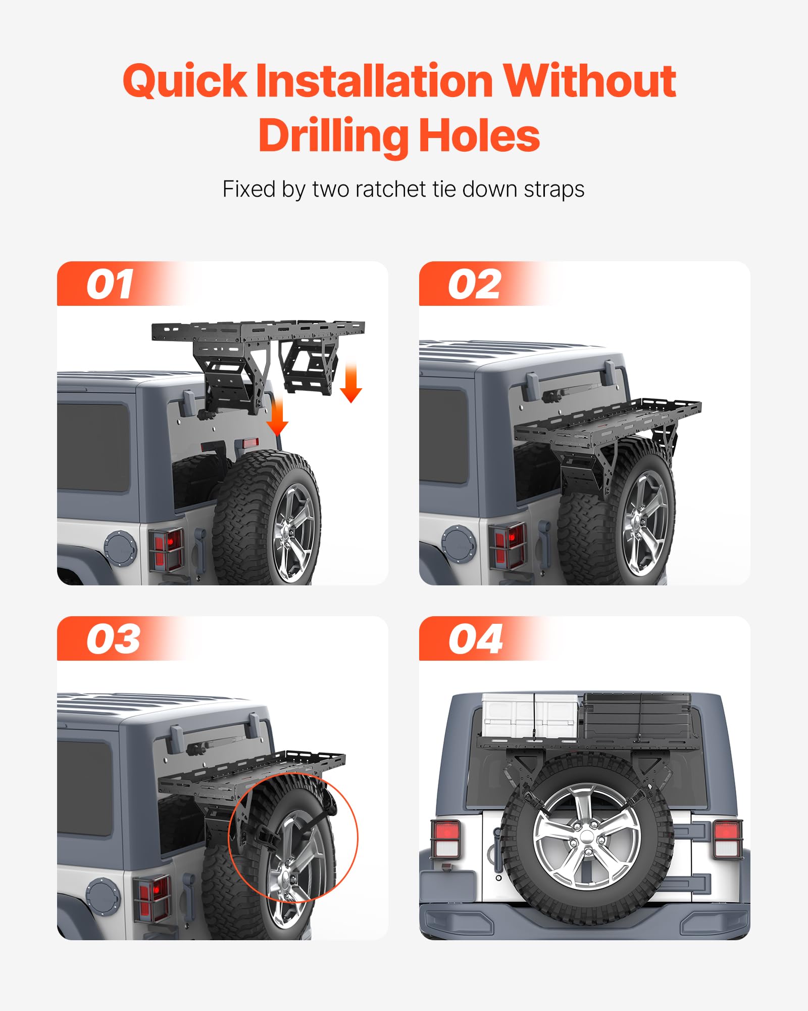 VEVOR Spare Tire Cargo Basket, for 30-40 Inch Tires, Fit for 1976-2024 Jeep Wrangler JK JL TJ YJ CJ, 80 lbs Load Capacity, Utility Cargo Basket Rack Storage Tray Replacement, No-Drill Installation - Image 6