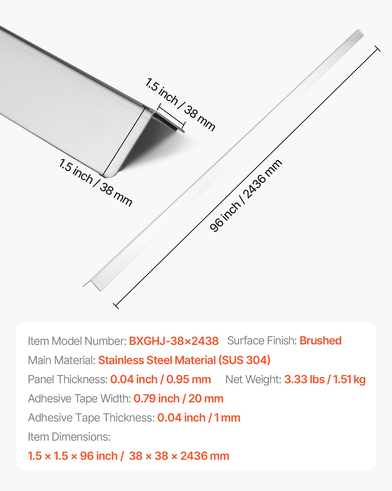 VEVOR Stainless Steel Wall Corner Protector, 1.5 x 1.5 x 96 inch, 10 Pack Metal Corner Guards, 304 Stainless Steel Edge Trim 90-Degree Angle for Home,Office,Commercial Wall Protection, with 3m Tape - Image 8