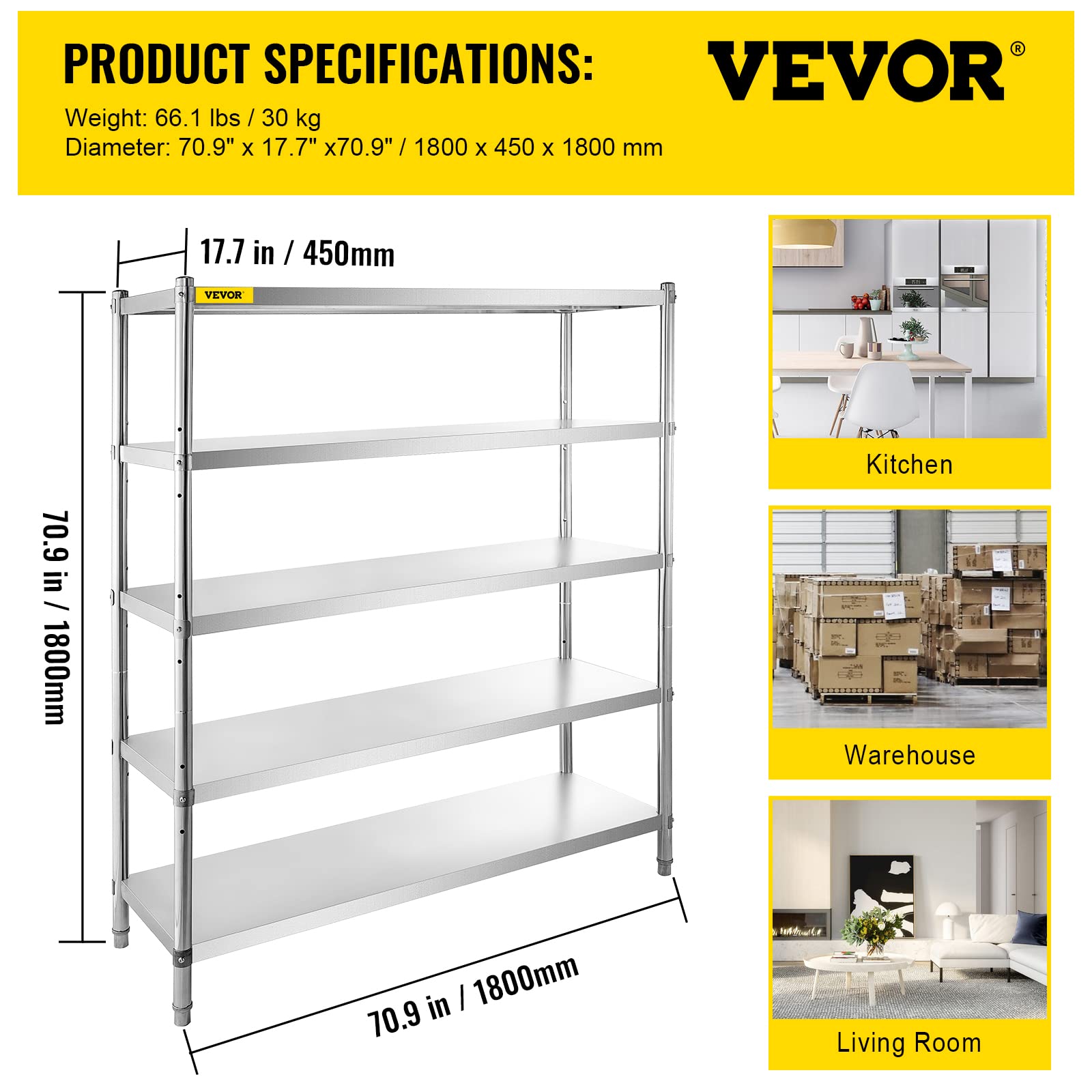 VEVOR Storage Shelf, 5-Tier Storage Shelving Unit, Stainless Steel Garage Shelf, Heavy Duty Storage Shelving, 1650 Lbs Total Capacity with Adjustable Height - Image 3
