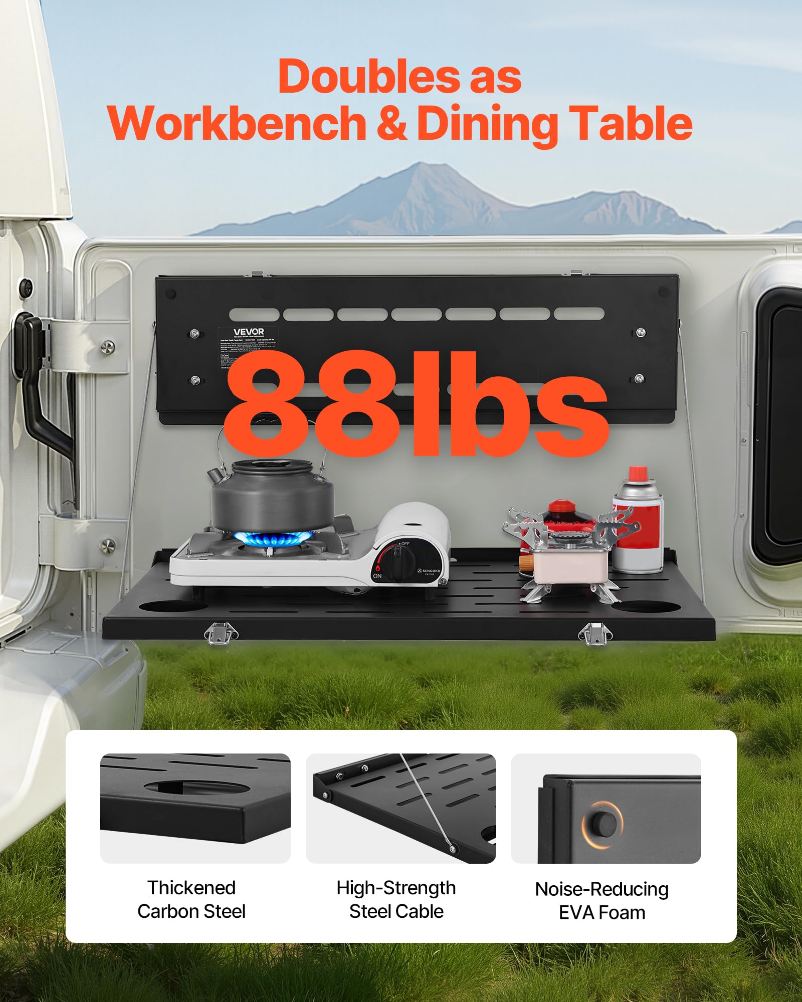 VEVOR Tailgate Table, for 2021-2026 Ford Bronco 4 Door Hardtops (Exclude Bronco Sport), 88 lbs Load Capacity, Carbon Steel Foldable Molle Panel Drop Down Table, Rear Door Cargo Storage Rack Shelf - Image 3