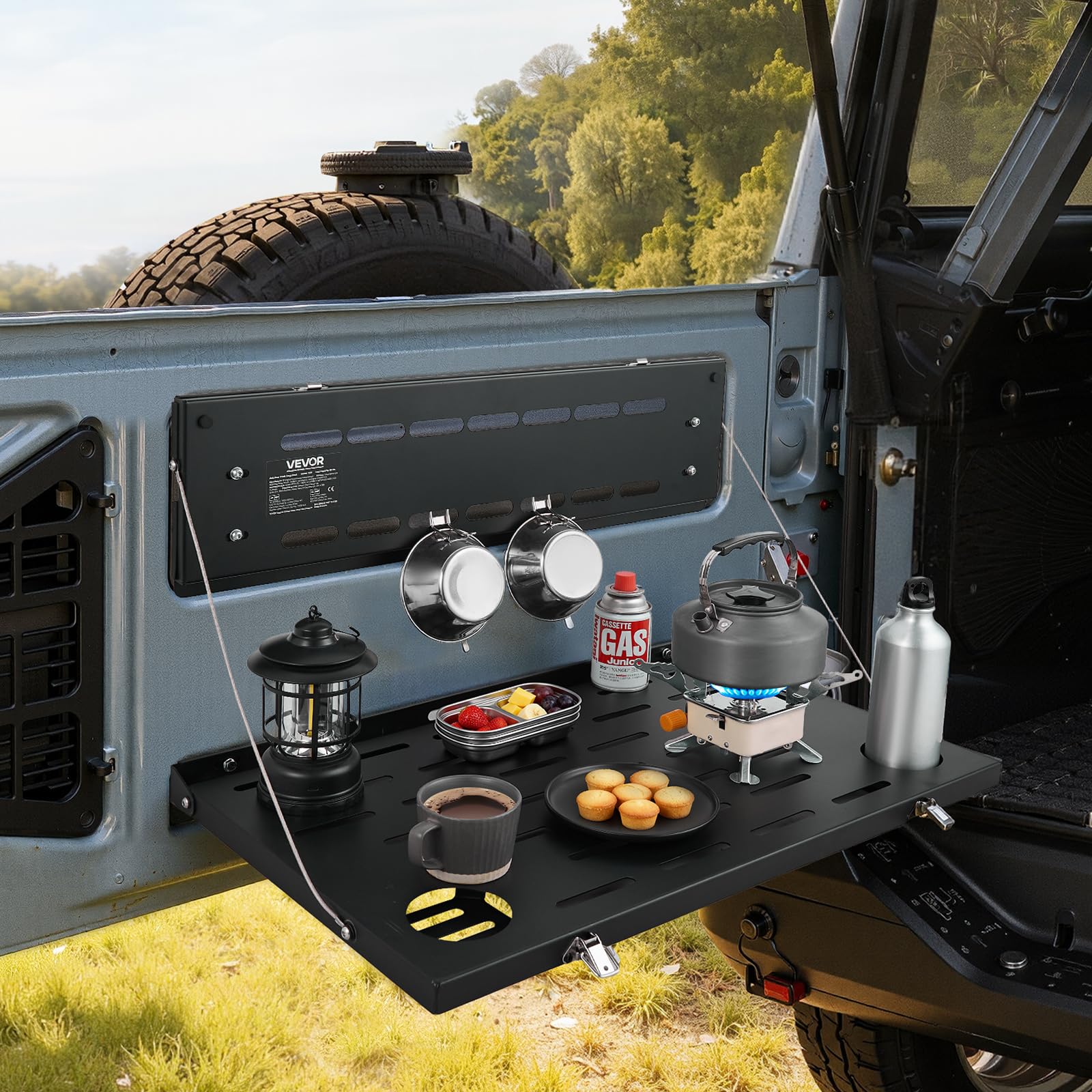 VEVOR Tailgate Table, for 2021-2026 Ford Bronco 4 Door Hardtops (Exclude Bronco Sport), 88 lbs Load Capacity, Carbon Steel Foldable Molle Panel Drop Down Table, Rear Door Cargo Storage Rack Shelf - Image 8