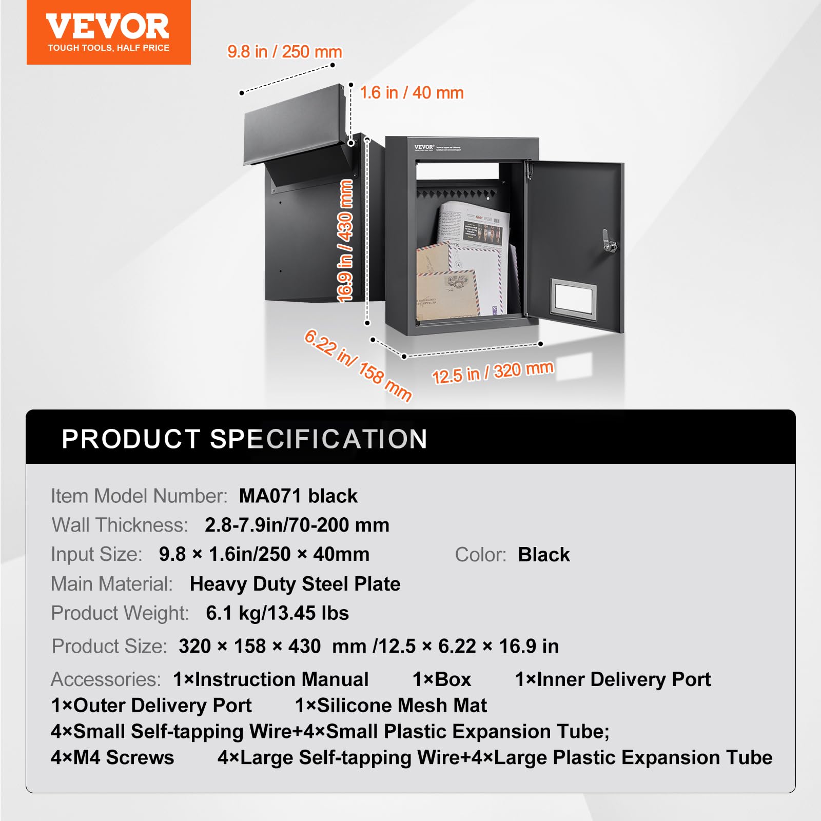 VEVOR Through The Wall Drop Box Deposit Safe 12.5x6.3x16.9, Rainproof Heavy Duty Steel Mailbox with Combination Lock for Wall Thickness 2.8"-7.9" Home Office, Locking Wall Mount Mail Drop Box, Black - Image 7
