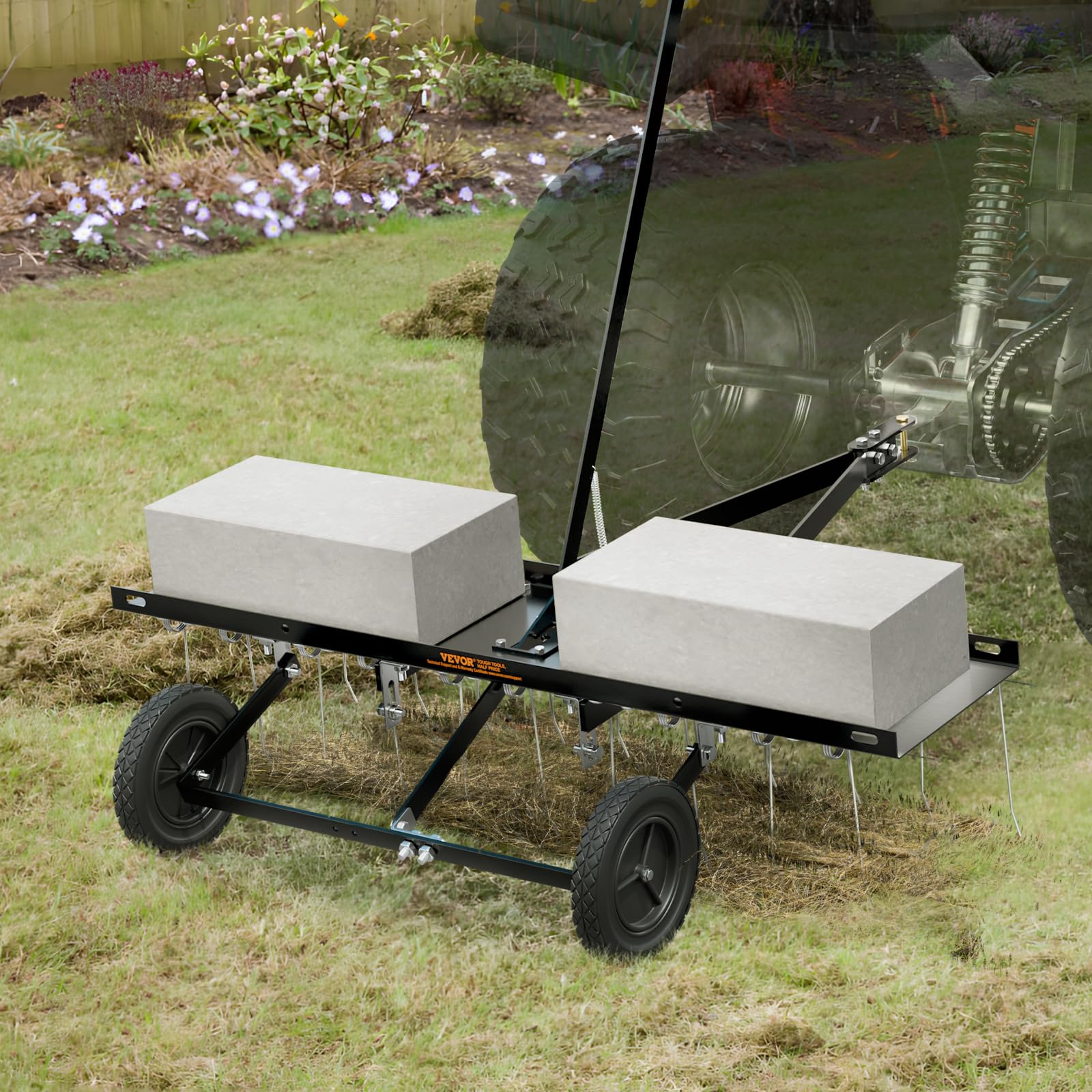 VEVOR Tow Behind Dethatcher, 40-inch Tow Dethatcher with 20 Spring Steel Tines, Lawn Dethatcher Rake for ATV or Mower, Tow Behind Lawn Rake with Lift Handle for Garden Farm Grass - Image 8