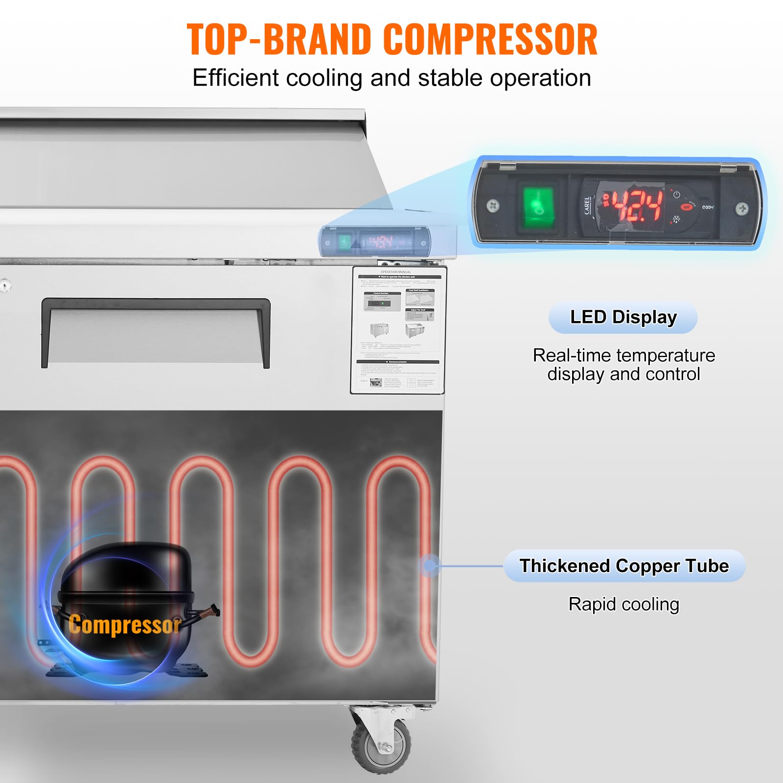 VEVOR Under Counter Drawer Refrigerator, 24 In Stainless Steel Fridge with Temperature Control, Dual Drawer Refrigerator with Powerful Compressor & LED Display, for Home, Office, and Commercial Use - Image 5