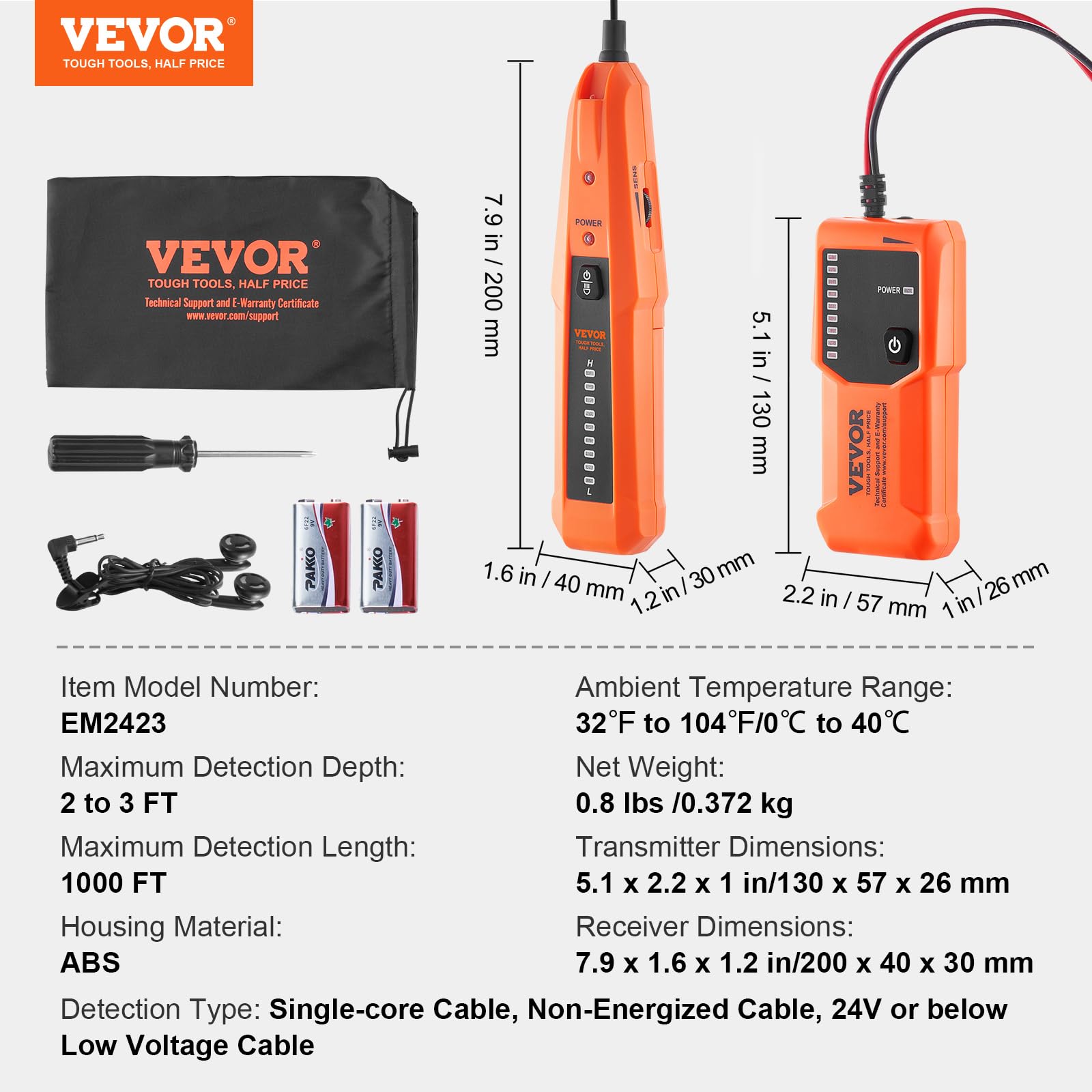 VEVOR Underground Cable Locator, 3 FT Max. Detection Depth, Wire Tracer Break Detector Finder with Earphone, 1000 FT Max.Detection Length Cable Tester for Pet Fence Buried Sprinkler Valve Irrigation - Image 7