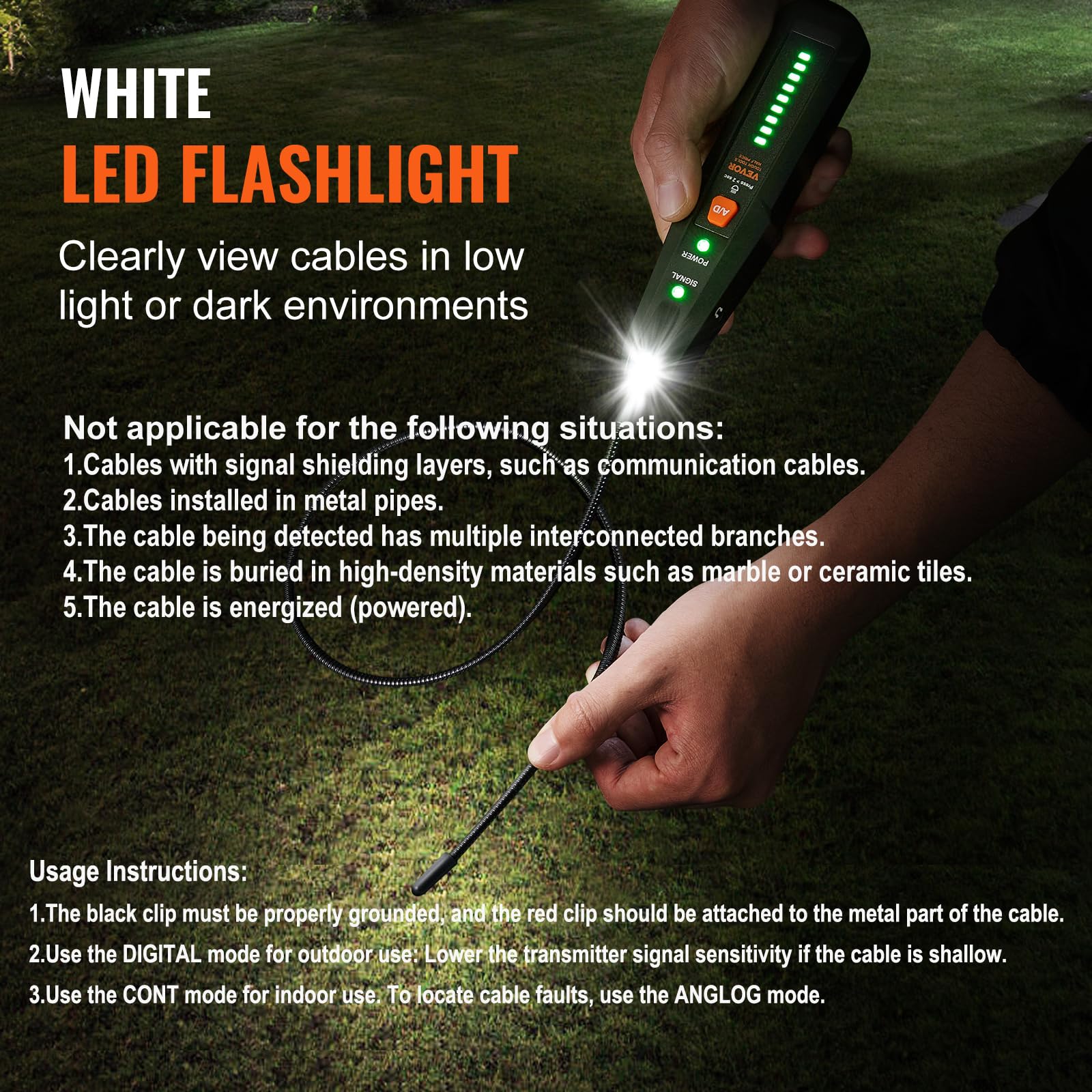 VEVOR Underground Cable Locator, 6.5Ft Max Detection Depth Wire Tracer Break Detector Finder with Earphone, 3280Ft Max. Detection Length Cable Tester for Pet Fence Buried Sprinkler Valve Irrigation - Image 5