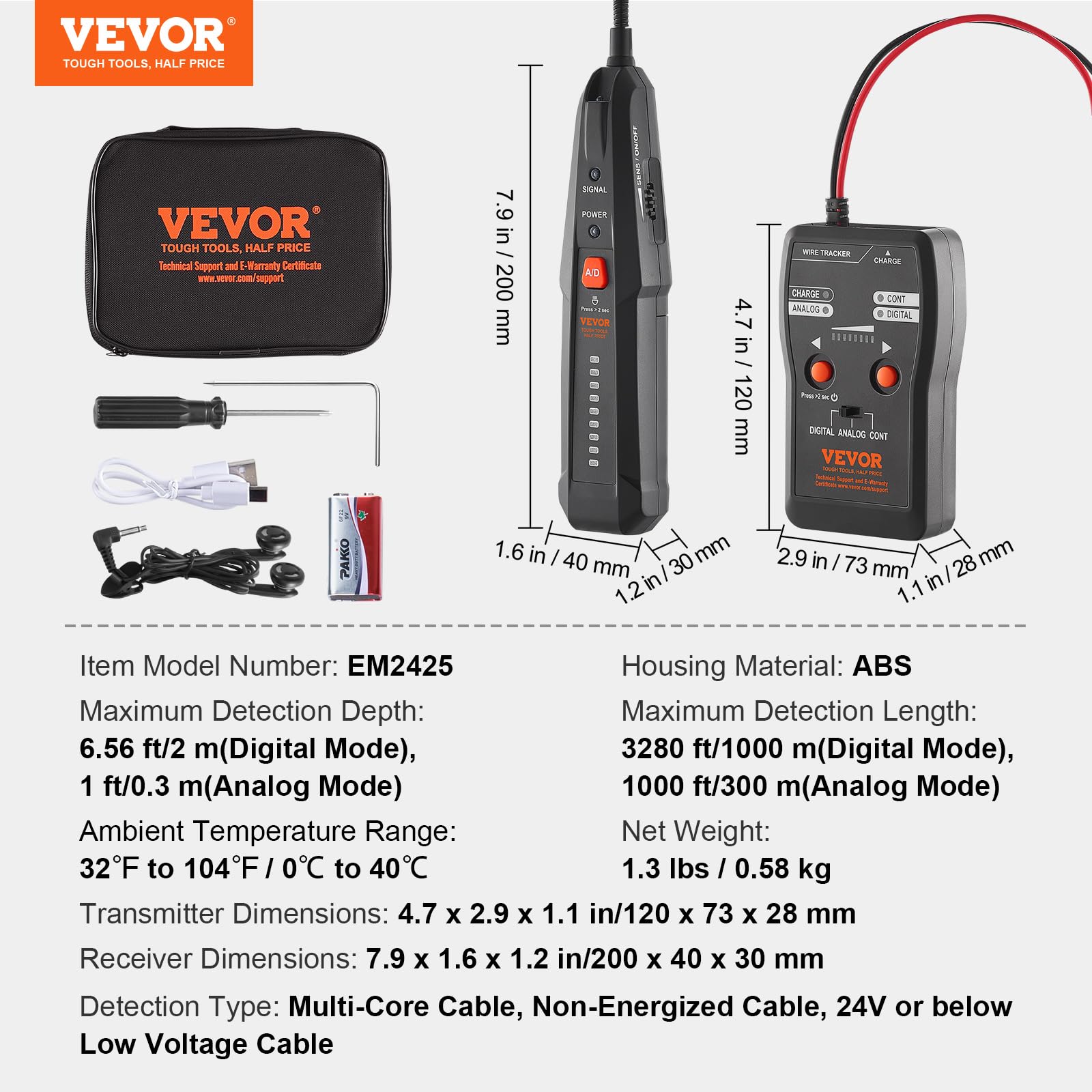VEVOR Underground Cable Locator, 6.5Ft Max Detection Depth Wire Tracer Break Detector Finder with Earphone, 3280Ft Max. Detection Length Cable Tester for Pet Fence Buried Sprinkler Valve Irrigation - Image 6