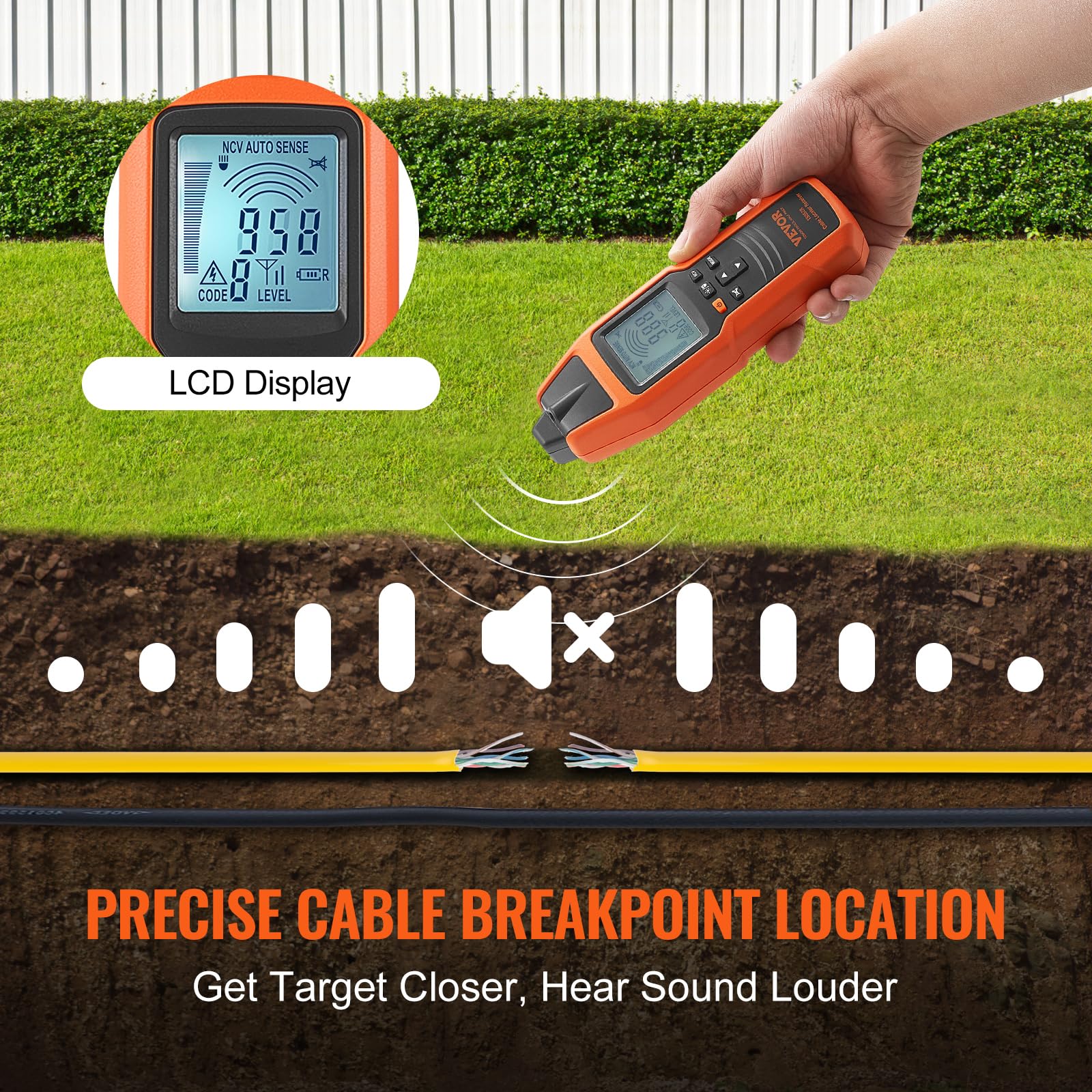 VEVOR Underground Cable Locator, 8 Ft Max Detect Depth Cable Tester, 12 to 600V (NVC) Wire Tracer Break Detector Finder, 6561Ft Detect Length for Electrical Circuits Pipelines Dog Fence Buried Cables - Image 5