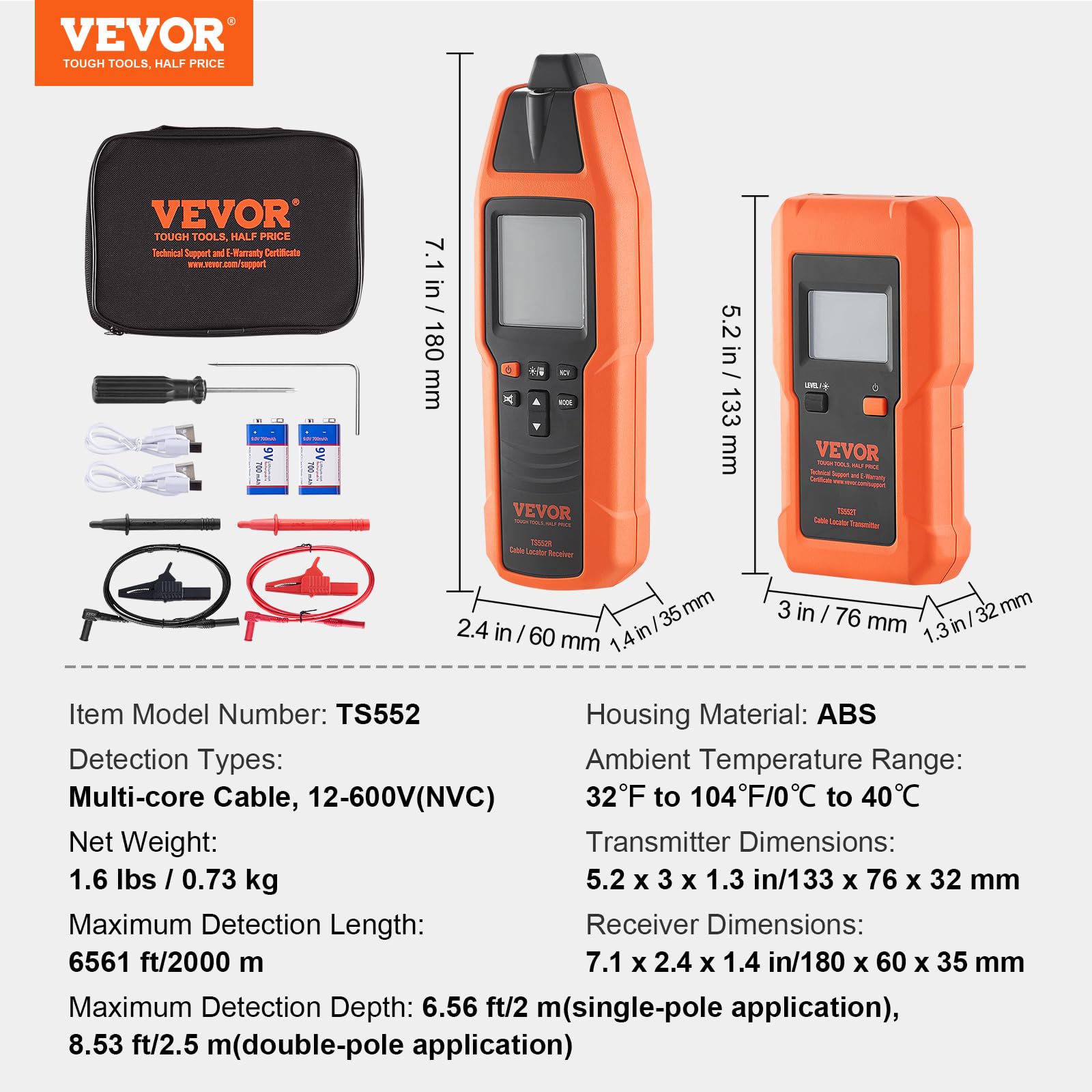 VEVOR Underground Cable Locator, 8 Ft Max Detect Depth Cable Tester, 12 to 600V (NVC) Wire Tracer Break Detector Finder, 6561Ft Detect Length for Electrical Circuits Pipelines Dog Fence Buried Cables - Image 7