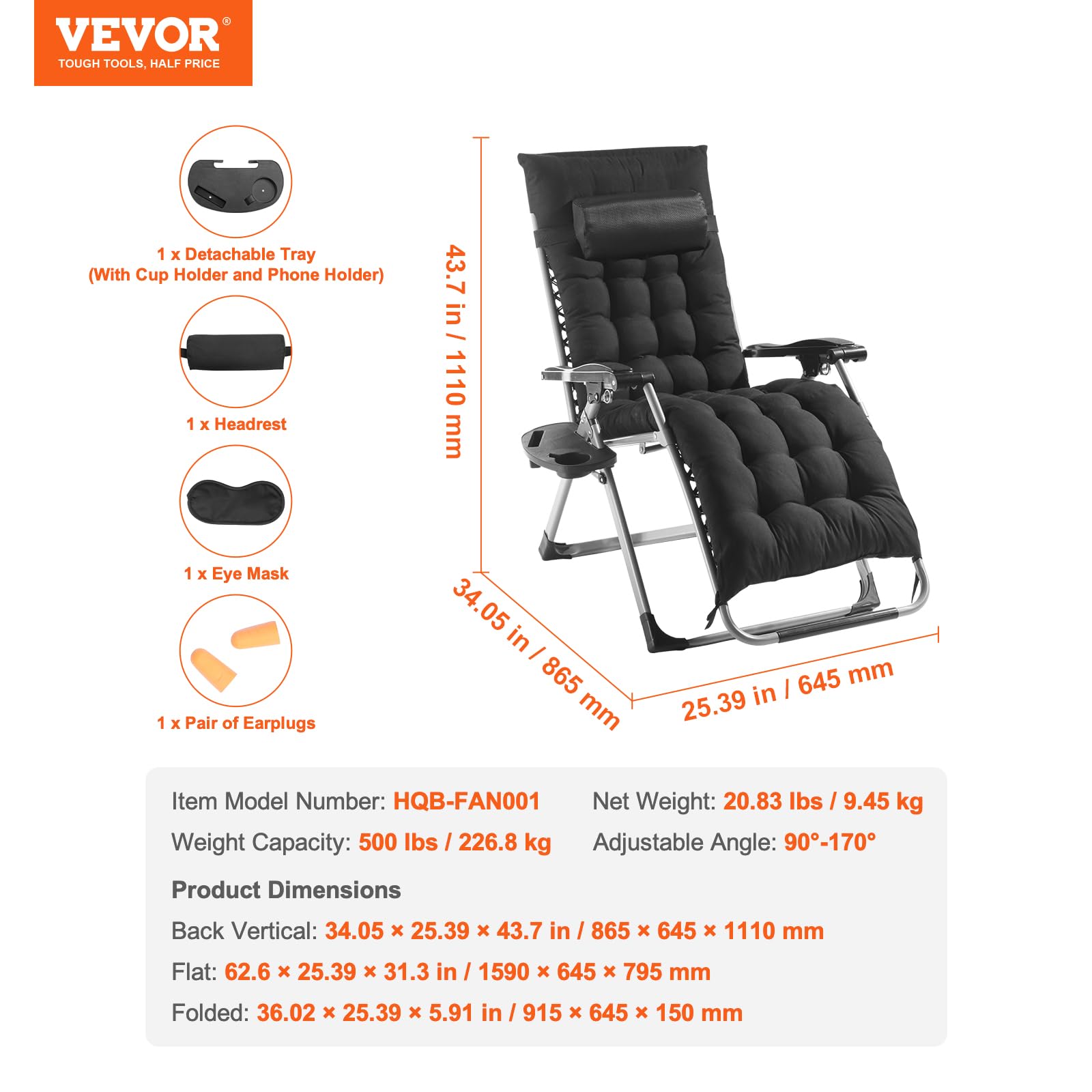 VEVOR Zero Gravity Chair, 26 inch Zero Gravity Recliner Lounge Chair for Indoor and Outdoor, Adjustable Anti Gravity Chair with Cushion, Headrest, Footrest, and Cupholder, 500 lbs, Black - Image 3